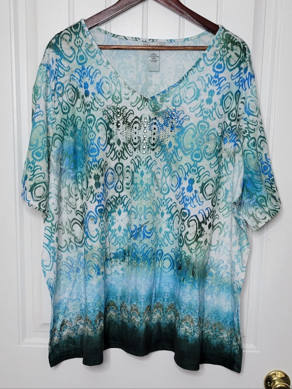 Catherines Teal Aqua Green Patterned V-Neck Short Sleeve Tunic